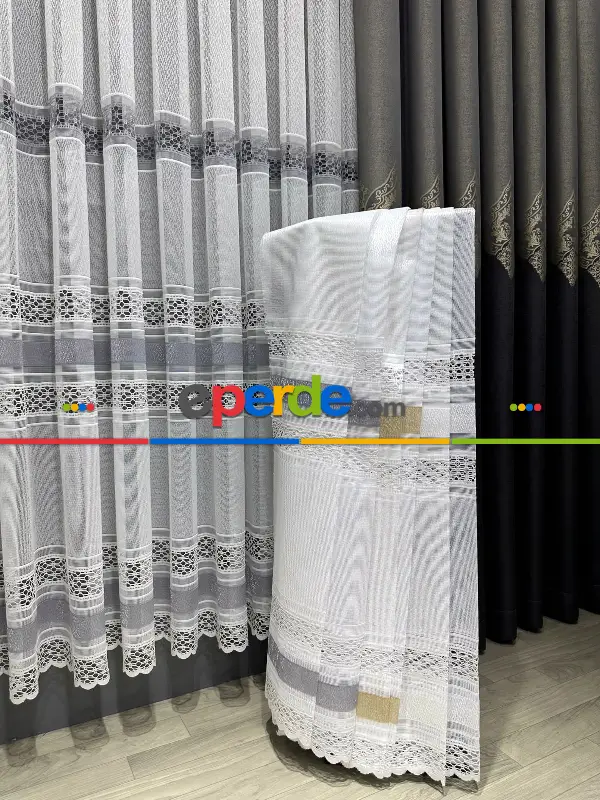 Örme Tül Perde - Etek Ucu Desenli ve Bantlı Tül - Ekru/Gri/Altın/Gold/Beyaz