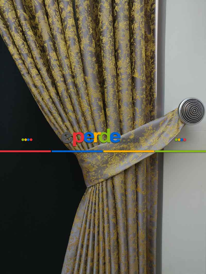 Hardal Antrasit Desenli Jakar Fon Perde - Altın