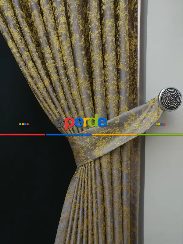 Hardal Antrasit Desenli Jakar Fon Perde - Altın