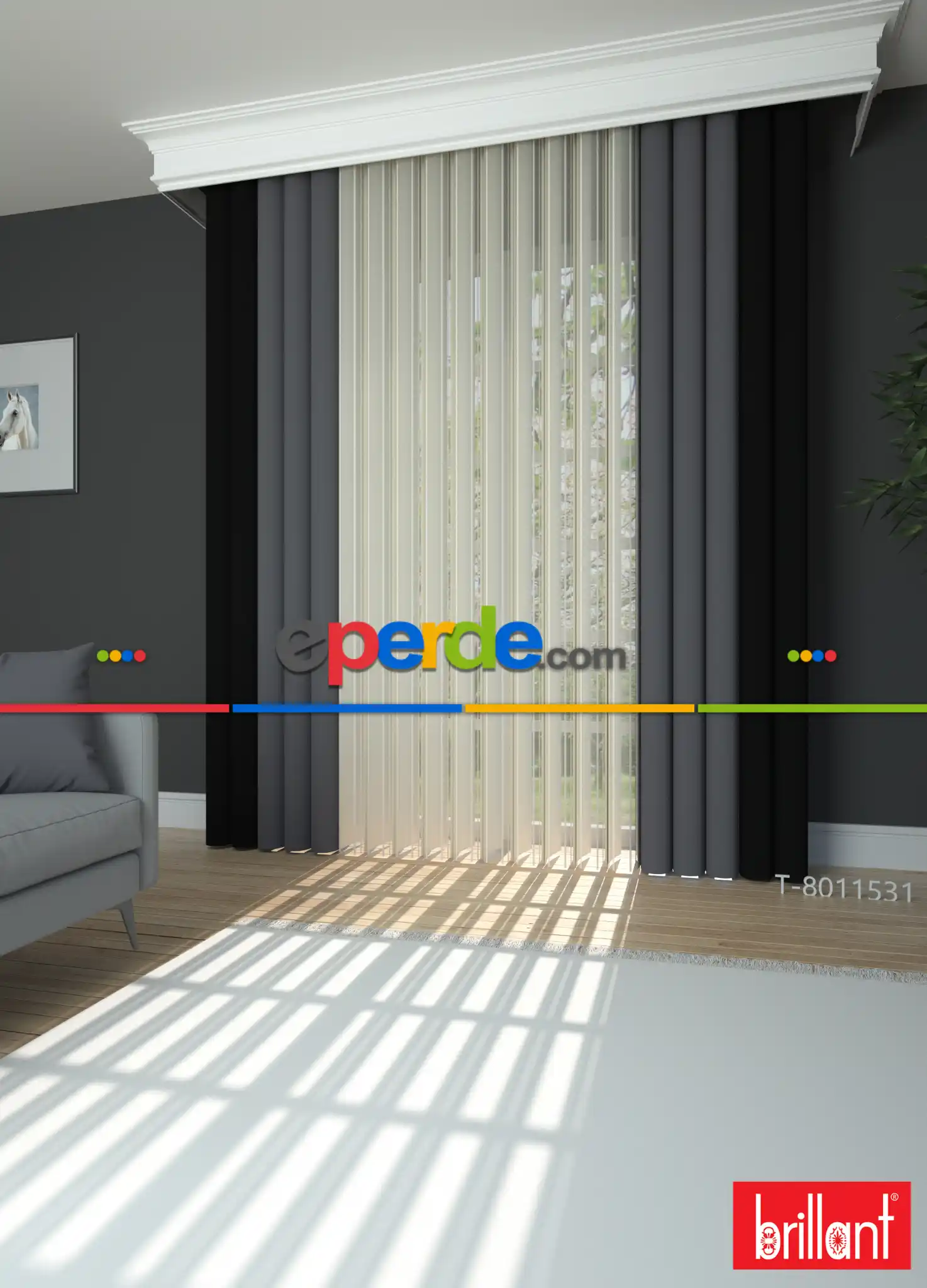 Brillant Akıllı Tül Siyah-koyu Antrasit Perde Tül Dikey Zebra Perde Düz 1. Kalite