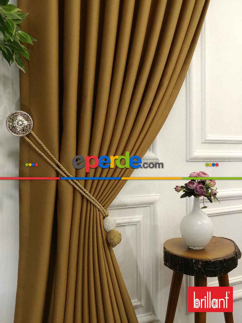 %90 Brillant Karartma Blackout Hardal Sarısı Renk Fon Perde- Kahve Açık-hardal Sarısı