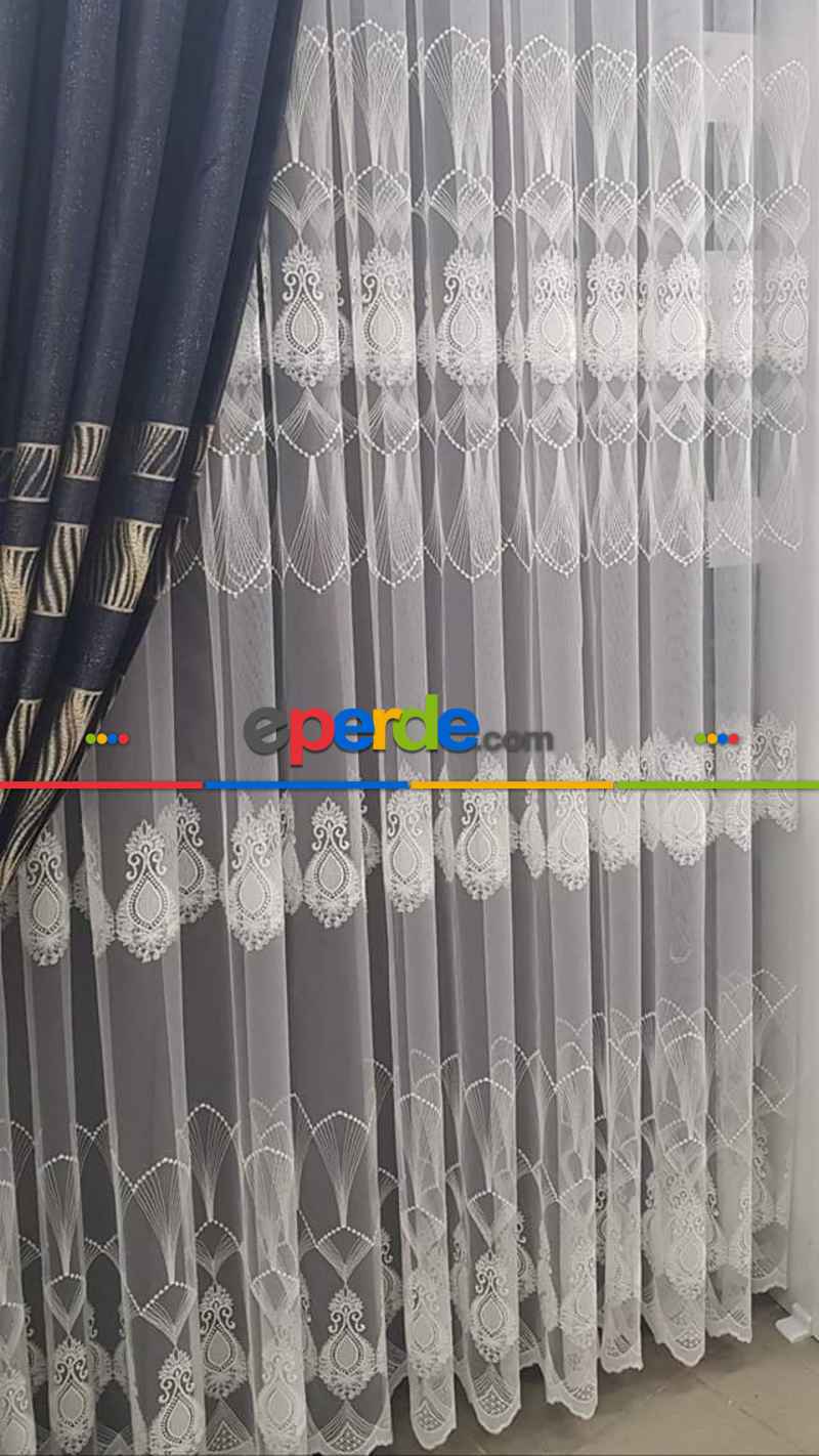 Yatak Odası - Nakışlı Damask Motif Salon Tül Perde- Ekru