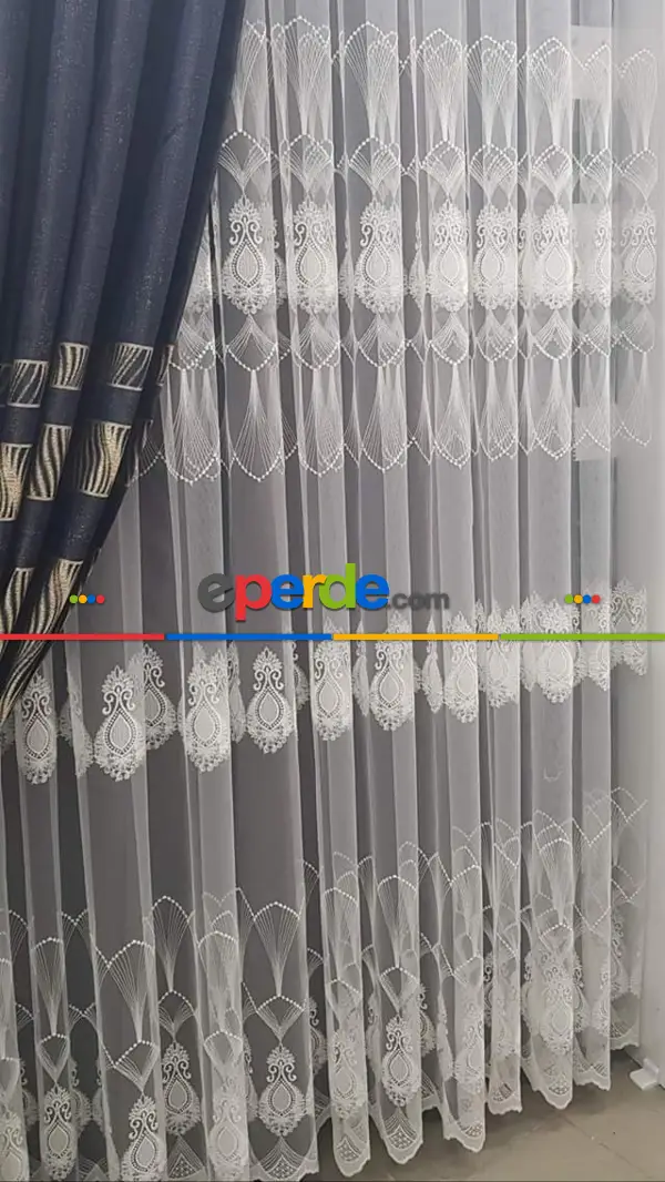 mutfak - Nakışlı Damask Motif Tül Perde- Ekru