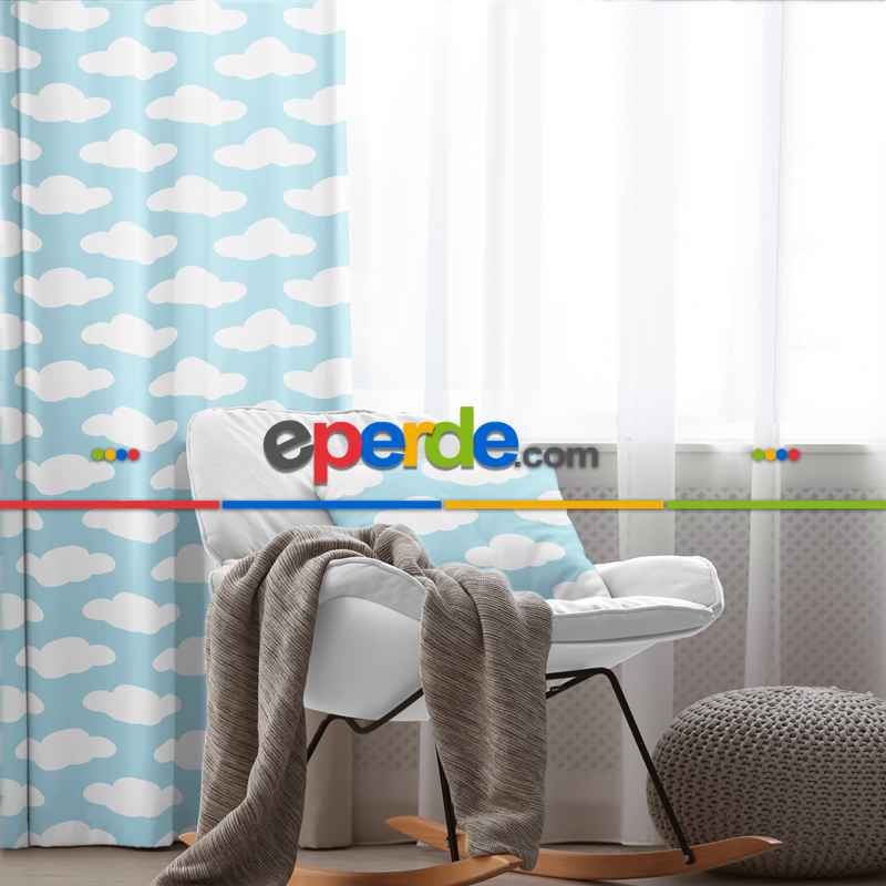 Bebek Bulut Desenli Fon Perde Evim 484-2 Kumaşı Kalındır Duck Bezi Değildir- Mavi-beyaz