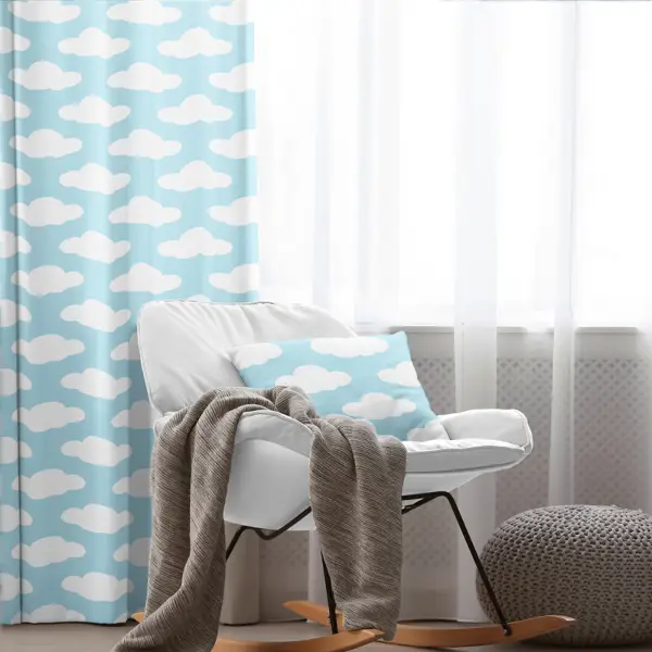 Çocuk Odası - Bebek Bulut Desenli Fon Perde Evim 484-2 Kumaşı Kalındır Duck Bezi Değildir- Mavi-beyaz