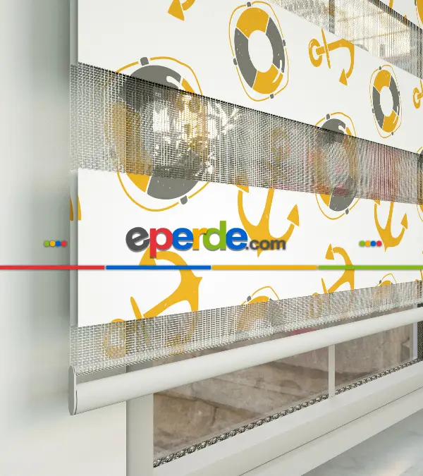 Bebek Odası Zebra Perde - Çapa Desenli Baskılı Zebra Perde- Gri-Füme-Antrasit-Sarı