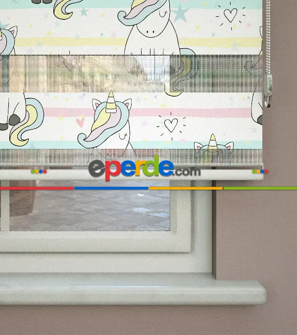 Unicorn Desenli Baskılı Zebra Perde- Çok Renkli