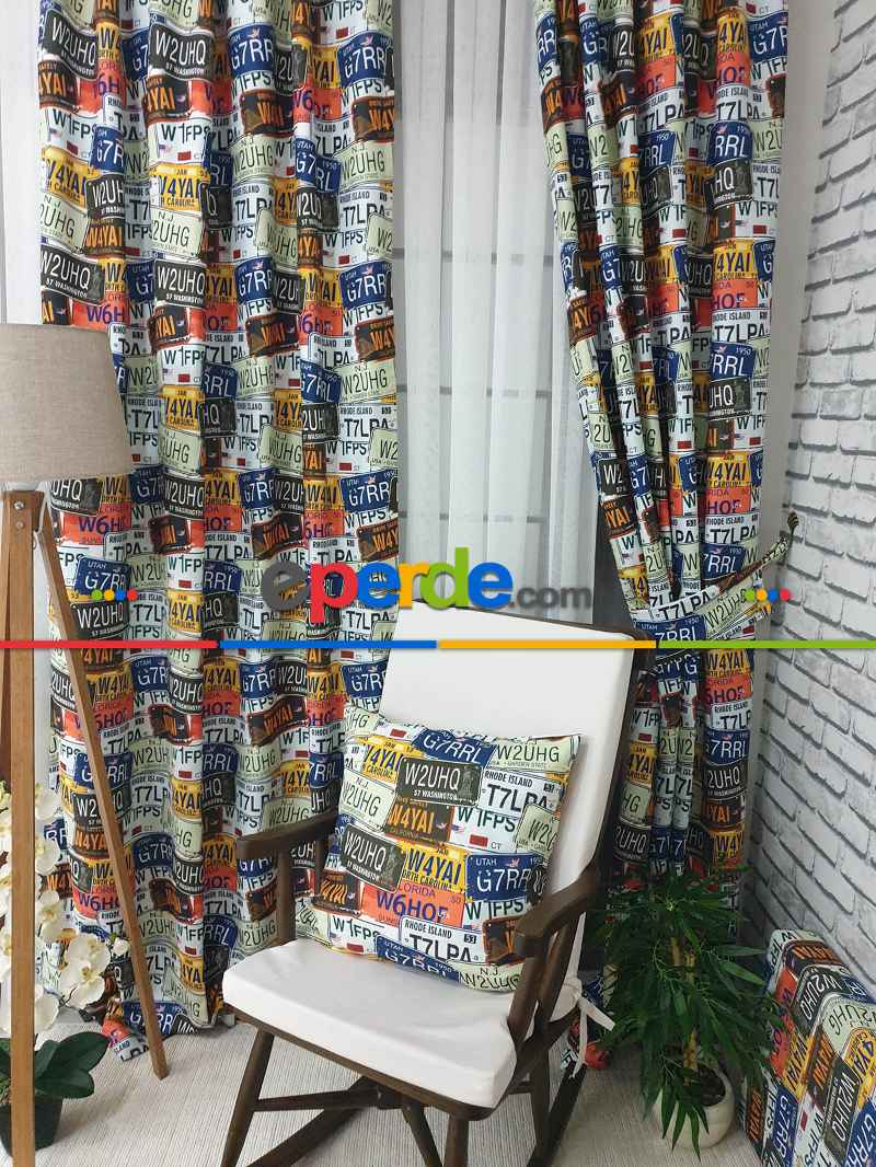 Kız ve Erkek Çocuk Odası Fon Perde - Pop Art Fon Perde - Plaka Desenli