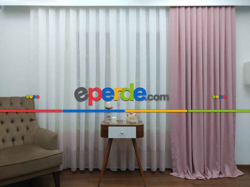 Mutfak - Pudra - Keten Tül Degrade Perde- Krem-pudra