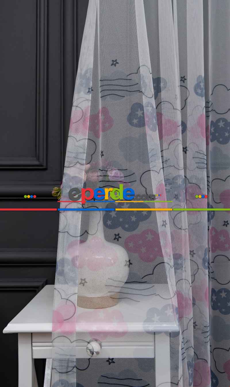 Hazır Ölçülü Petek Zemin Pembe Ve Açık Gri Renkli Bulut Desenli Grek Baskılı Tül Perde 120cm X 255cm 