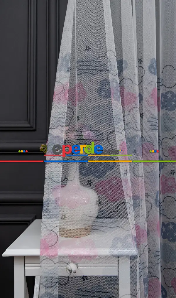 Hazır Ölçülü Petek Zemin Pembe Ve Açık Gri Renkli Bulut Desenli Grek Baskılı Tül Perde 120cm X 255cm 