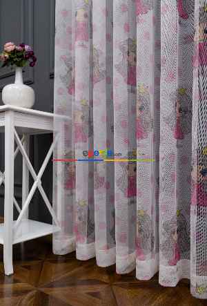 Hazır Ölçülü Petek Zemin Pembe Renkli Prenses Desenli Grek Baskılı Tül Perde