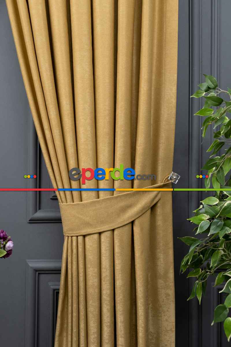 Salon - Soft Fon Perde Hardal Rengi Dökümlü En - Hardal