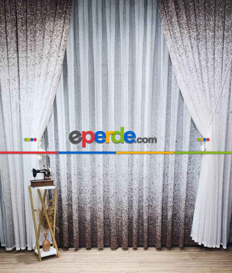 Mutfak - Üsten Dikim Renkli Kahverengi-vizon Püskürtme Tül Fon Perde