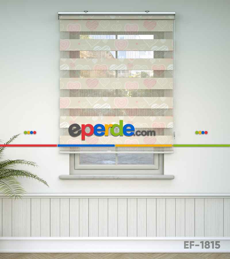 Kalp Desenli Baskılı Zebra Perde- Çok Renkli