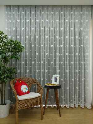 Çocuk Odası Tül Perde - Kalp Desen Örme Tül Perde- Ekru