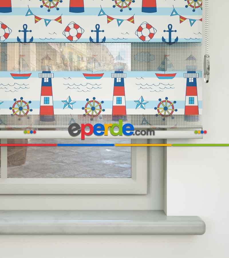 Bebek Odası Zebra Perde - Çapa Baskılı Zebra Perde- Mavi-Kırmızı-Beyaz