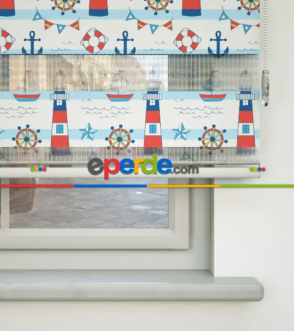 Bebek Odası Zebra Perde - Çapa Baskılı Zebra Perde- Mavi-Kırmızı-Beyaz