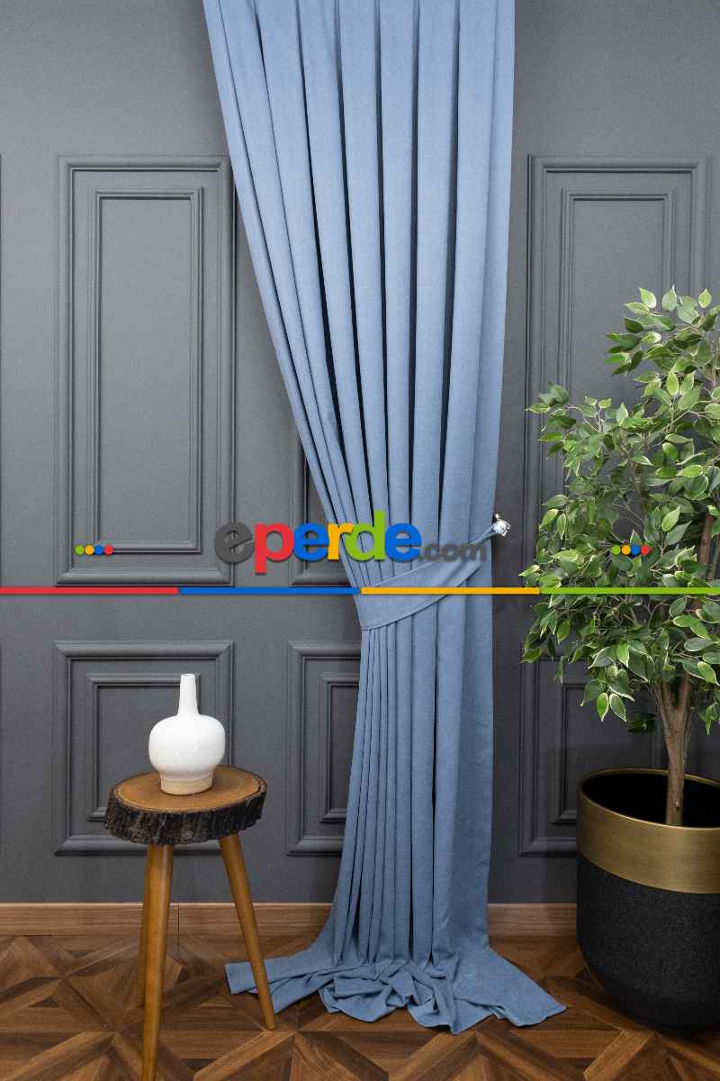 Bebek Odası - Mavi Rengi Düz Fon Perde Dökümlü Fon Perde