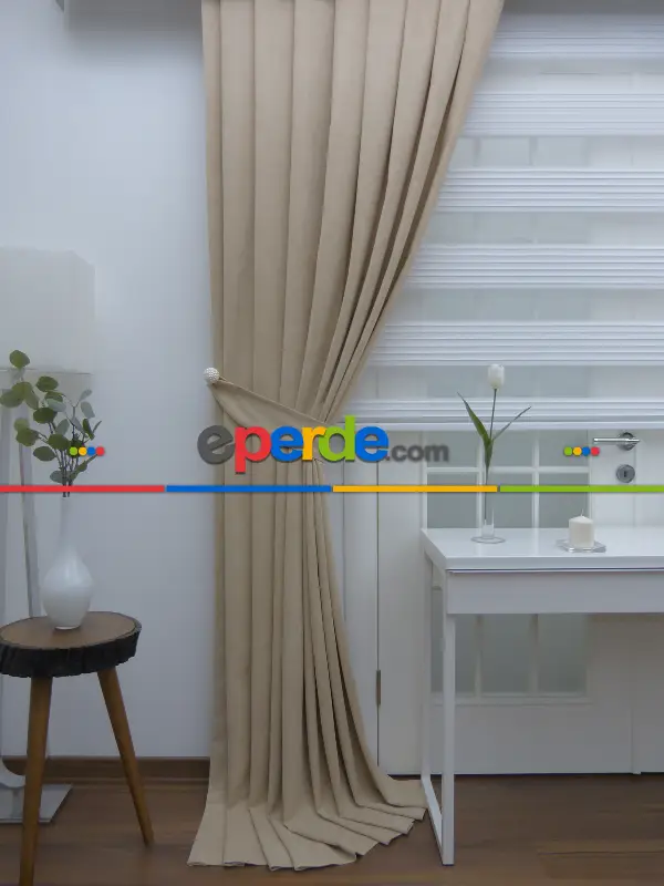 %25 İndirimli!!! Kum Beji Rengi Düz Fon Perde (fon Demiri Hediyeli)- Kum Beji