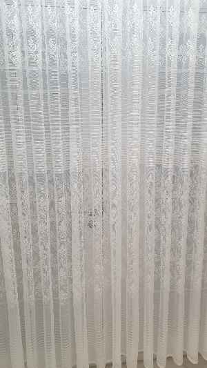 Salon Çiçek Çizgi Örme Tül Perde- Ekru