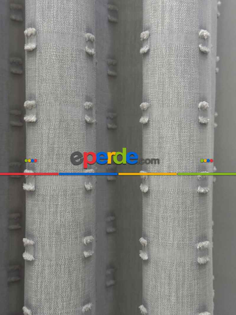 Gri Ponpon Nakışlı Tül Perde, Premium Kalite Seri