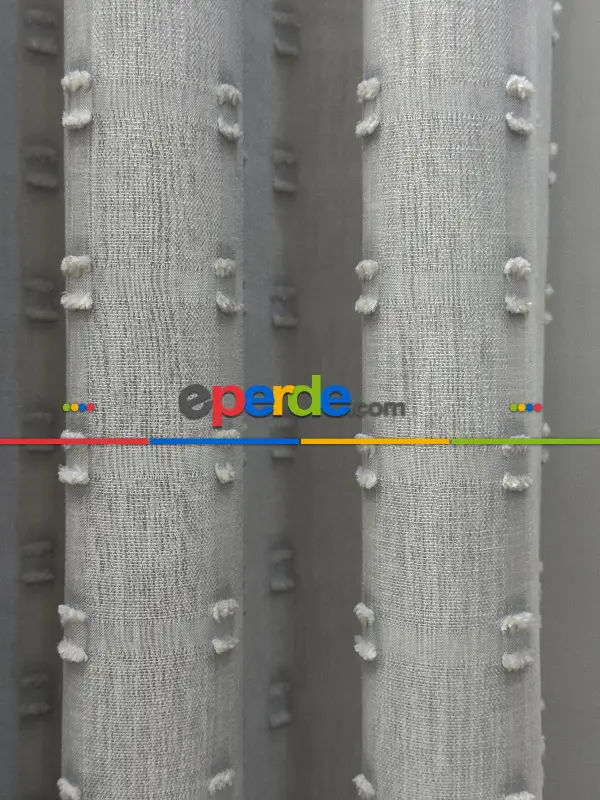 Salon - Gri Ponpon Nakışlı Tül Perde, Premium Kalite Seri