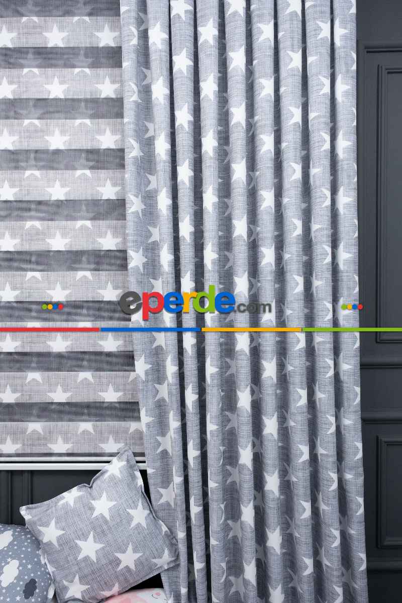 Kız ve Erkek Çocuk Odası Fon Perde - Gri Beyaz