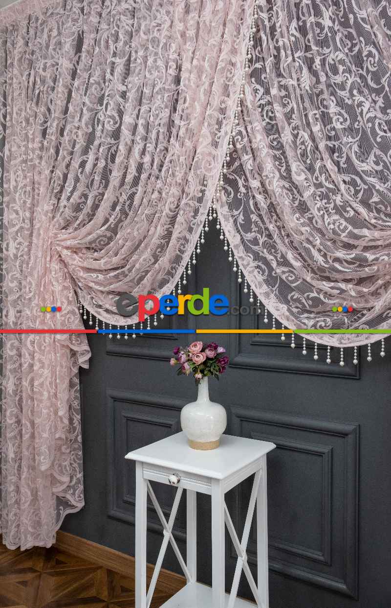 Pudra Pembe Sarmaşık Desen Şal Model Tül Kruvaze Yanki Tül