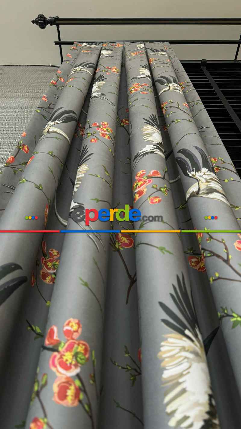 Genç Odası Antrasit Gri Çiçek Kuş Desenli İthal Kadife Fon Perde - Premium Kalite Serisi Ağır Gramajlı