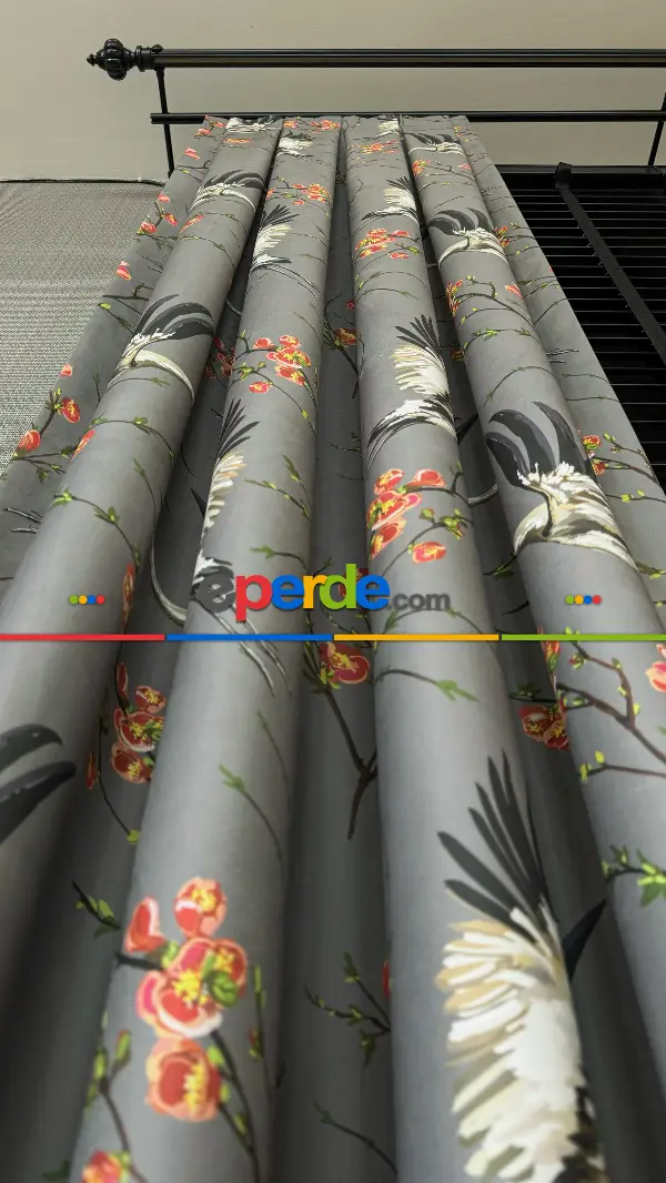 Antrasit Gri Çiçek Kuş Desenli İthal Kadife Fon Perde - Premium Kalite Serisi Ağır Gramajlı