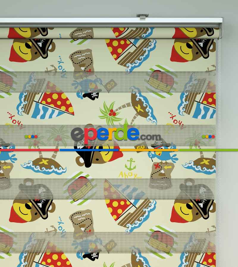 Bebek Odası Zebra Perde - Denizci Baskılı Zebra Perde- Mavi-Kırmızı-Beyaz-Hardal Sarısı