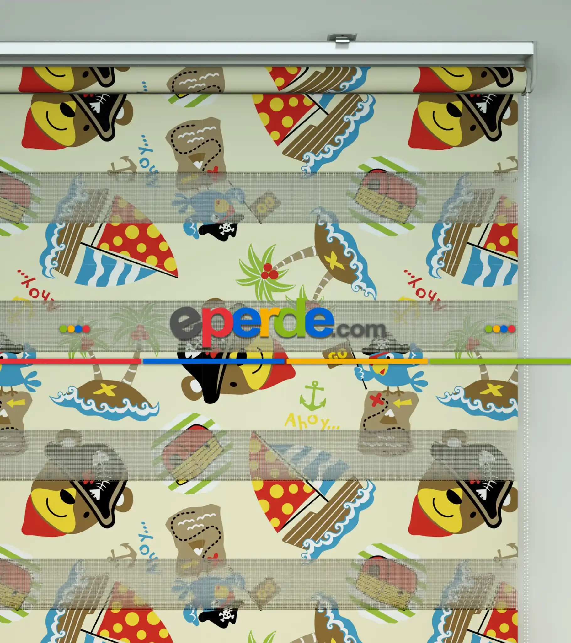 Bebek Odası Zebra Perde - Denizci Baskılı Zebra Perde- Mavi-Kırmızı-Beyaz-Hardal Sarısı