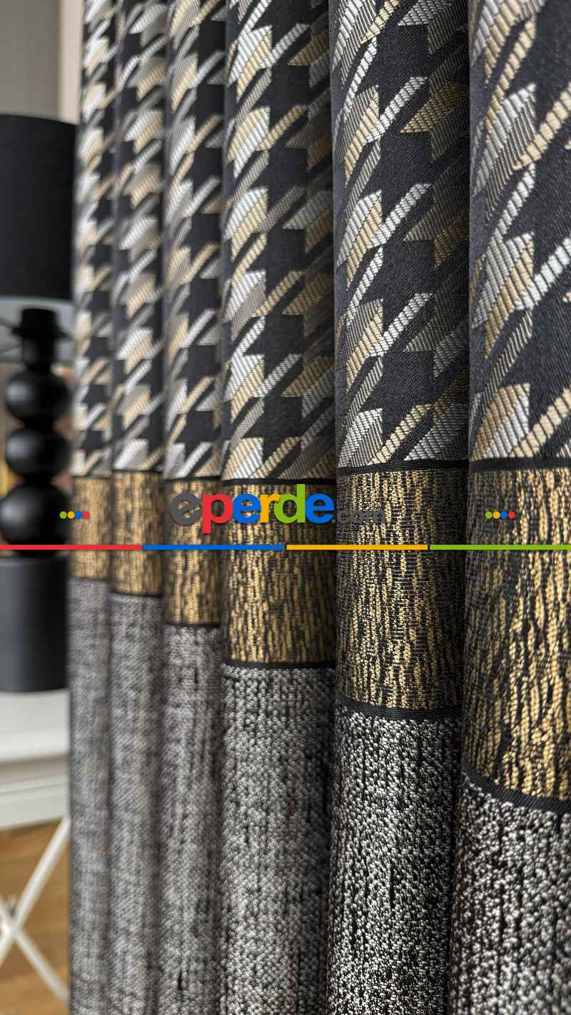 Antrasit Gri Altın Fon Perde, Pano Kazayağı Desenli Jakar Dokuma Fon Perde