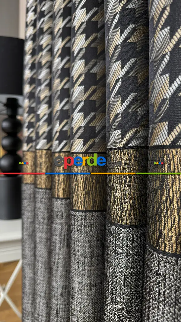 Antrasit Gri Altın Fon Perde, Pano Kazayağı Desenli Jakar Dokuma Fon Perde