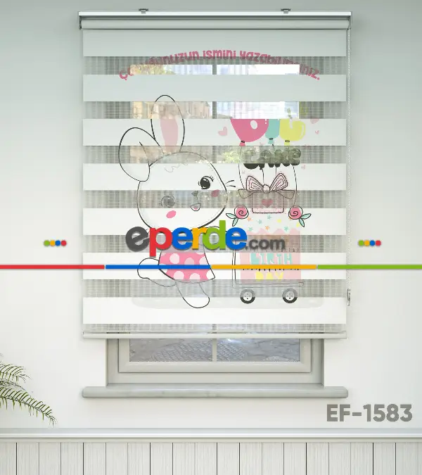 Sevimli Tavşancık Desenli Özel Baskılı Zebra Perde- Çok Renkli