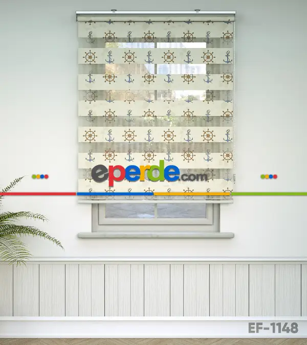 Bebek Odası Zebra Perde - Dümen Ve Çapa Baskılı Zebra Perde- Mavi-Kahve Açık-Kahve