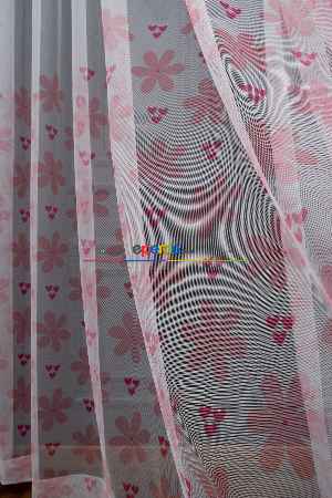 Hazır Ölçülü Petek Zemin Açık Pembe Renkli Kalp Ve Çiçek Desenli Grek Baskılı Tül Perde