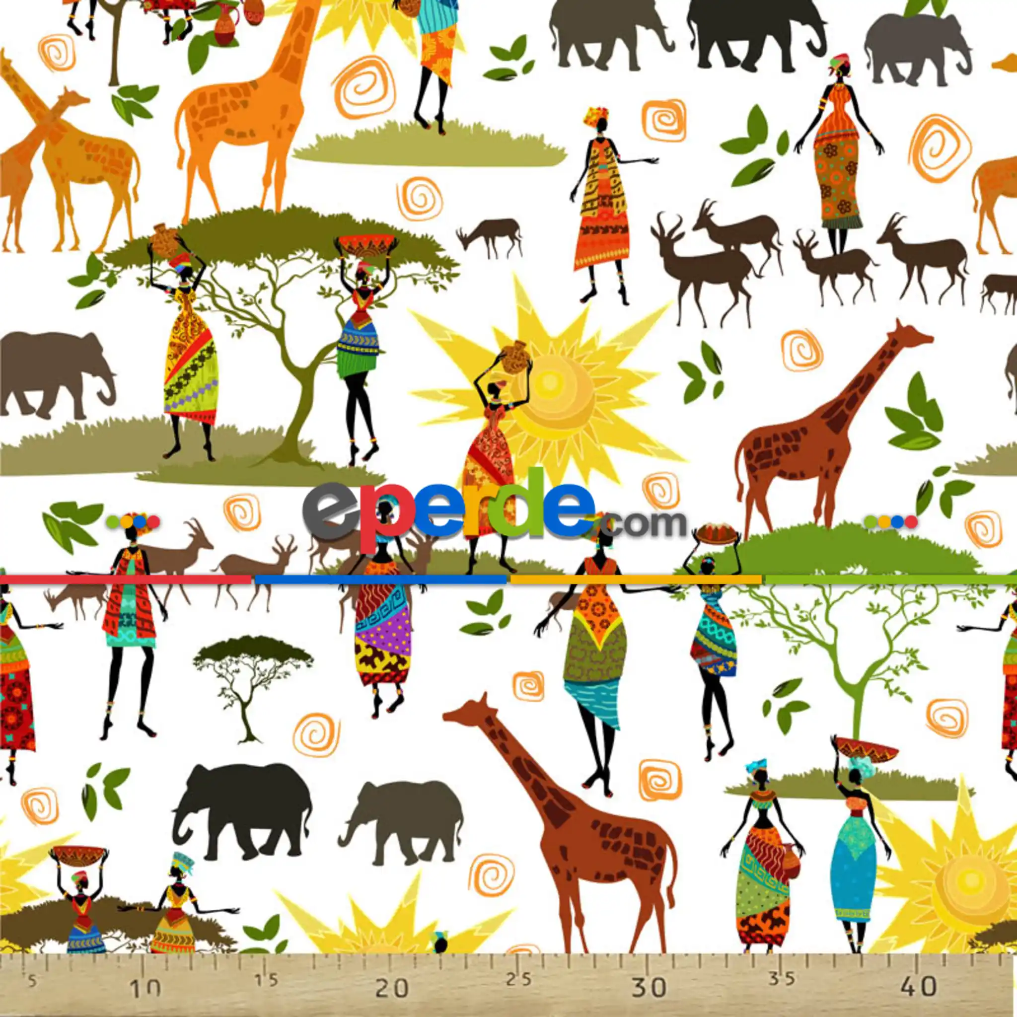 Afrika Desenli Fon Perde Evm826 Kumaşı Kalındır Duck Bezi Değildir- Yeşil-Beyaz-Turuncu-Mavi Açık- Çok Renkli 3