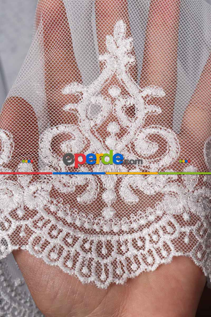 Grek Etek Ucu İşlemeli Nakış Tül Arne Desen Kırık Beyaz