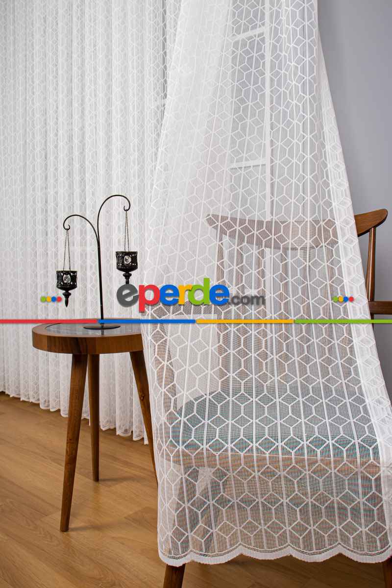 Salon - Taç Fransız Dantel Örme Tül Perde - Ekru