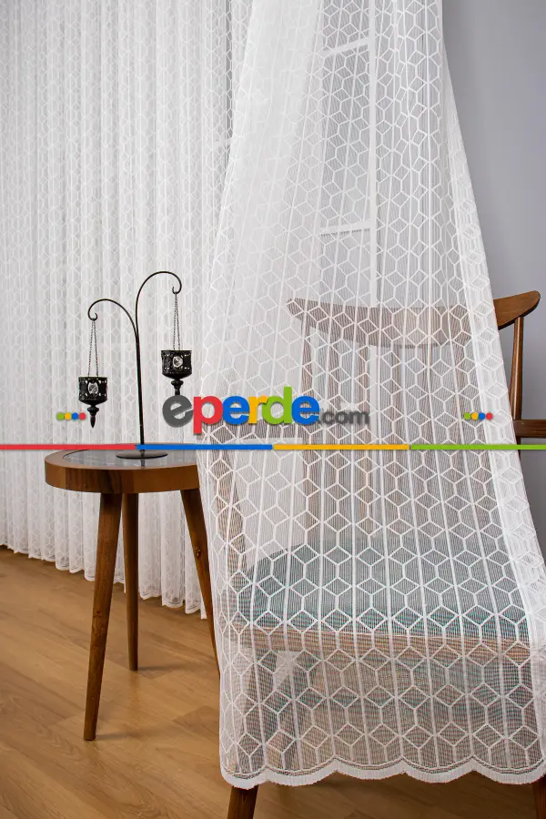 Salon - Taç Fransız Dantel Örme Tül Perde - Ekru