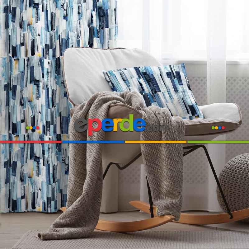 Mavi Desenli Fon Perde Evim218 Kumaşı Kalındır Duck Bezi Değildir- Mavi-beyaz