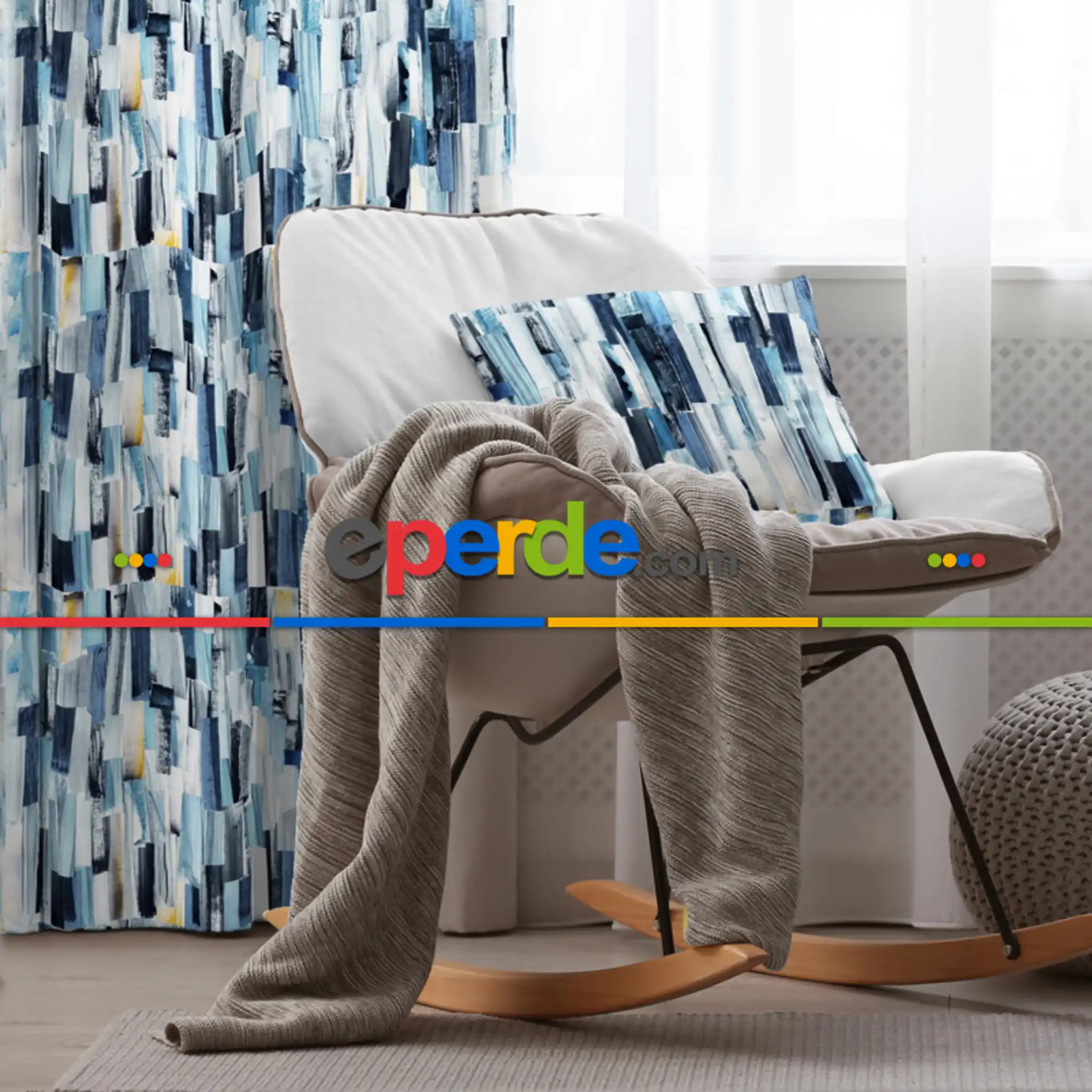 Mavi Desenli Fon Perde Evim218 Kumaşı Kalındır Duck Bezi Değildir- Mavi-beyaz