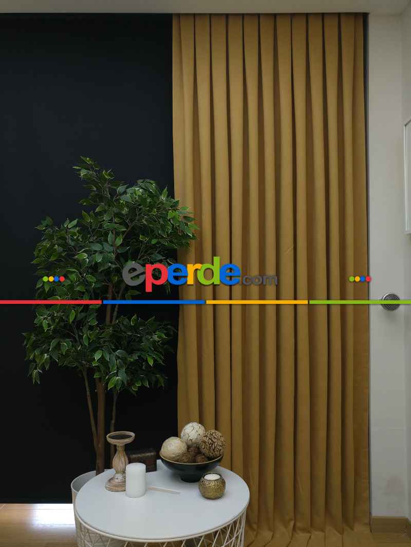 Düz Renk Dökümlü Fon Perde Bej Hardal(150)- Bej Hardal