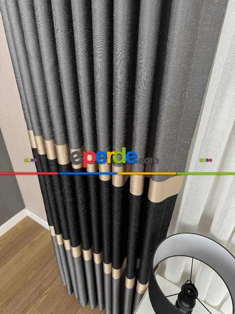 Oturma Odası - Koyu Antrasit Gri Krem Jakar Dokuma Fon Perde, Parlak Zemin