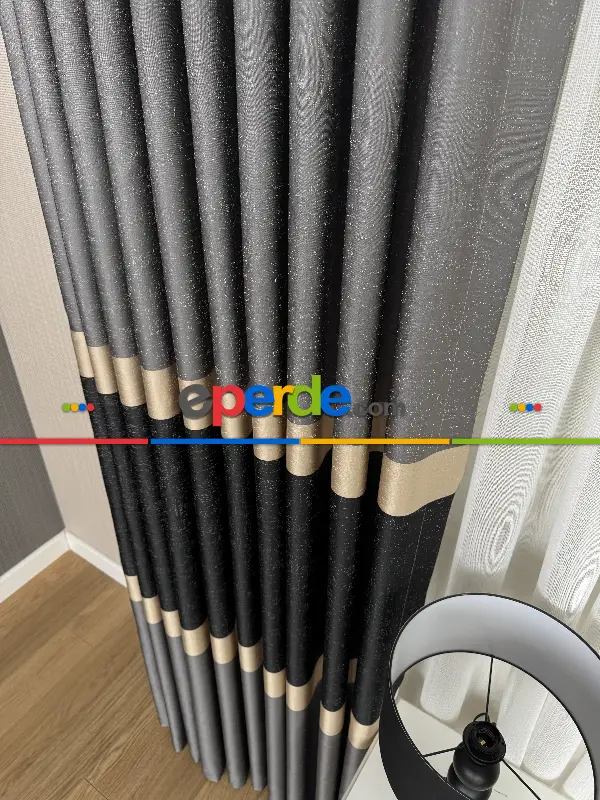 Yatak Odası - Koyu Antrasit Gri Krem Jakar Dokuma Fon Perde, Parlak Zemin