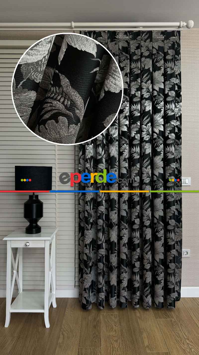 Siyah Gümüş Vizon Çiçek Desen Premium Jakar Dokuma Fon Perde - Premium Kalite Serisi Ağır Gramajlı