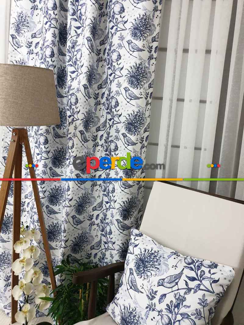 Kuş Desenli Fon Perde Evm580 Kumaşı Kalındır Duck Bezi Değildir- Beyaz