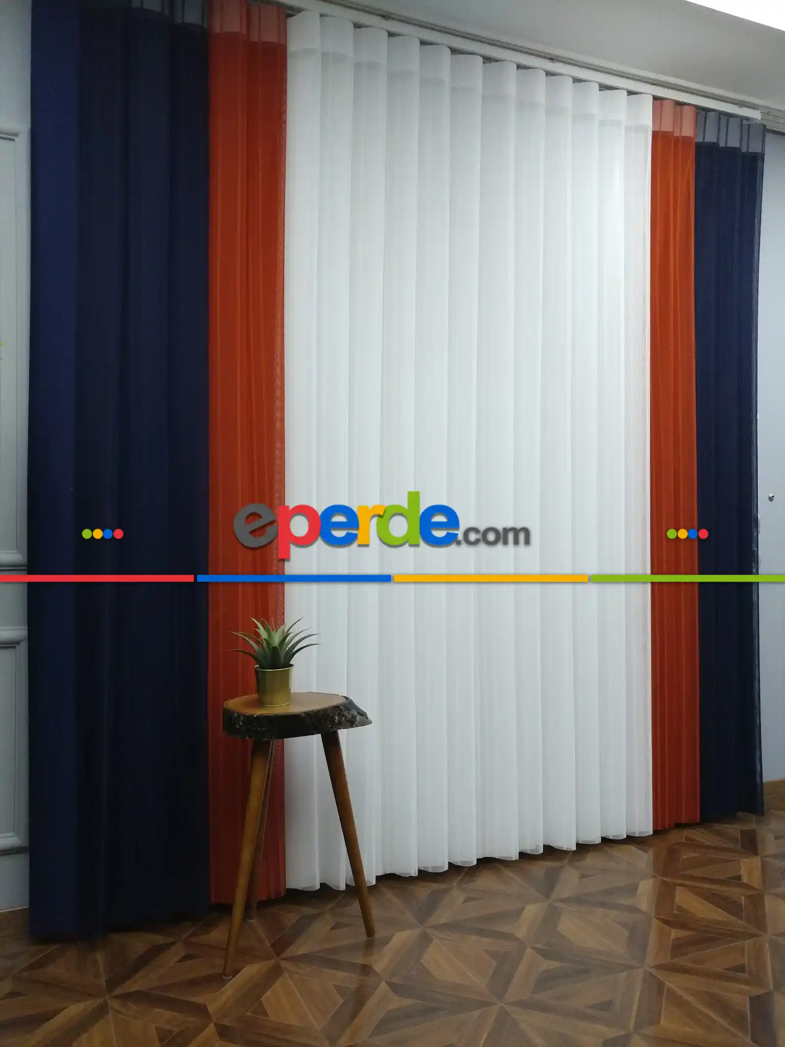 Lens Akıllı Dikey Tül Perde 114- Lacivert-beyaz-kiremit Rengi